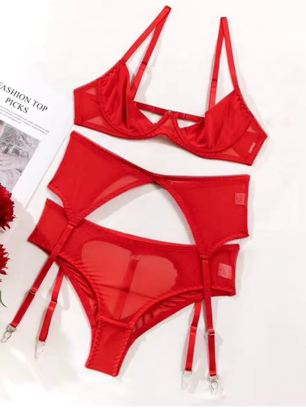 RED Heart Nipple Sequin Tassel Bra | Panty | Garter | Lingerie Set